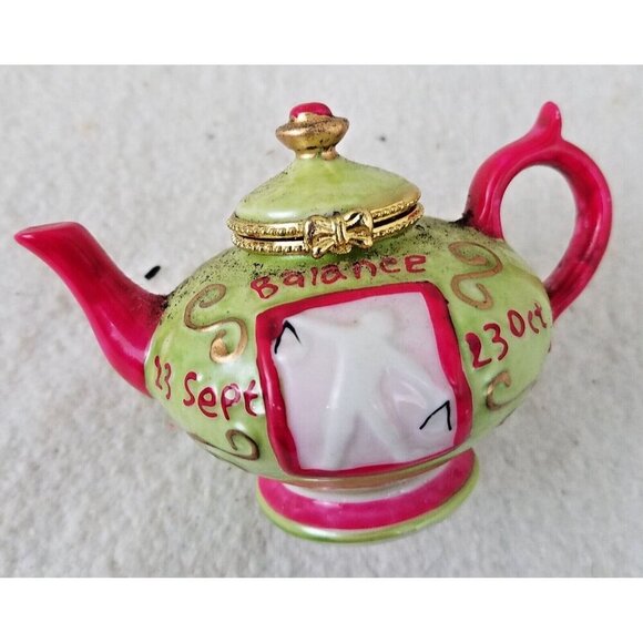 Libra tea pot Trinket‎ jewelry Box "sept 23 - oct 23" balance pink green gold - Picture 7 of 11
